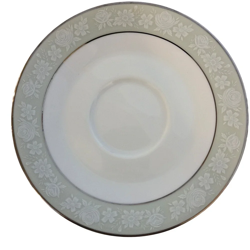 Noritake Vienne 6885 Saucer Plate Sage Green White Floral Platinum Trim Japan 6